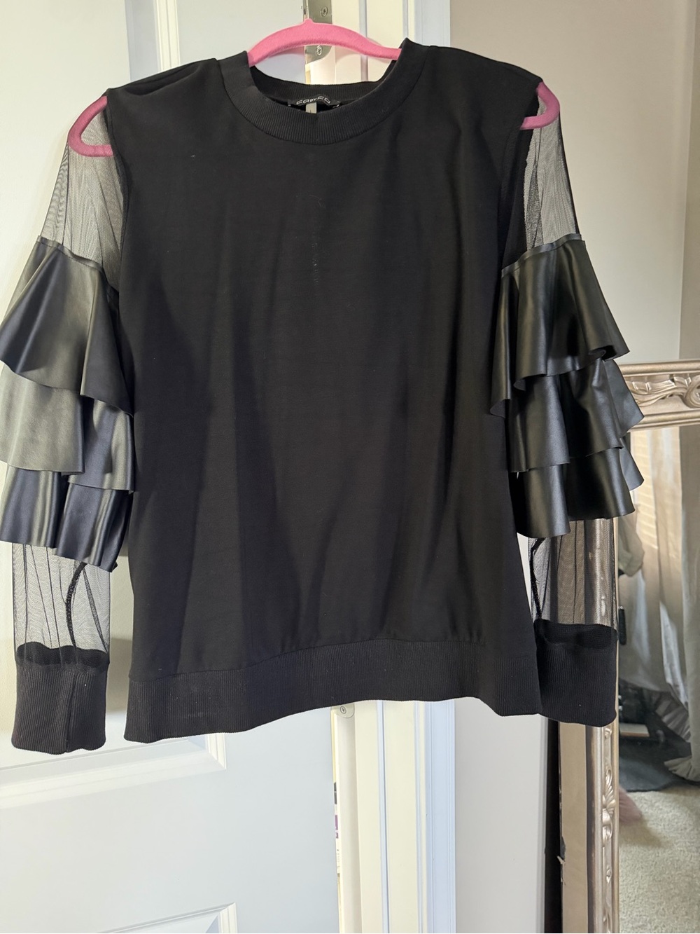 Women's Black Ruffle Mesh Sleeve Top
